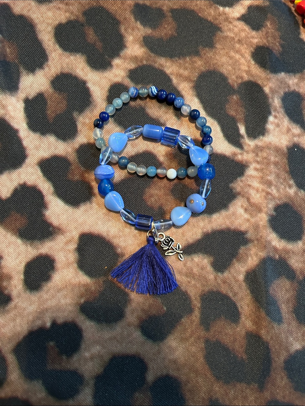 Hand Crafted Blue Beaded Bracelet Set with Tassel Charm